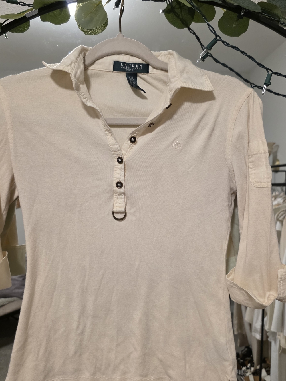 Lauren Ralph Lauren Petite Cream Button-Front Polo Shirt With D-Ring